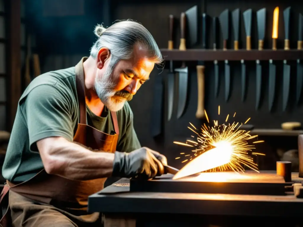 Un maestro espadero forja con maestría un Tanto tradicional en su taller, rodeado de herramientas en penumbra