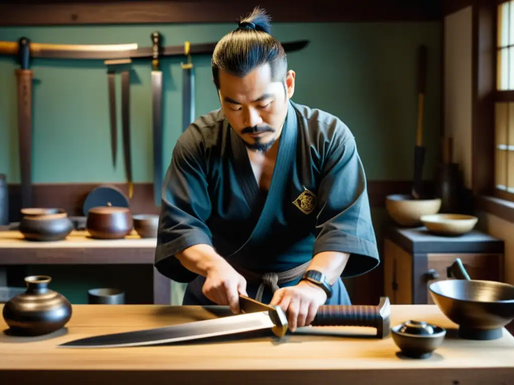 Un maestro espadero elabora un wakizashi rodeado de herramientas, bañado en cálida luz natural