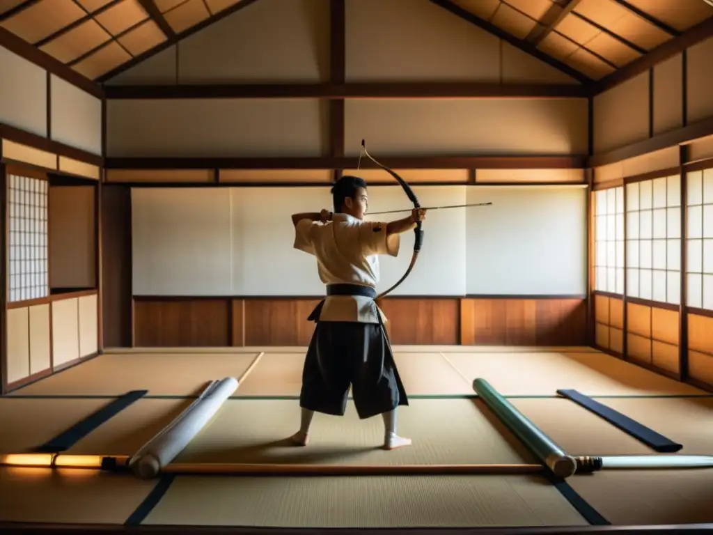 Maestro del Kyudo samurái guía a sus estudiantes en dojo japonés, reflejando reverencia y disciplina en la práctica de esta filosofía ancestral