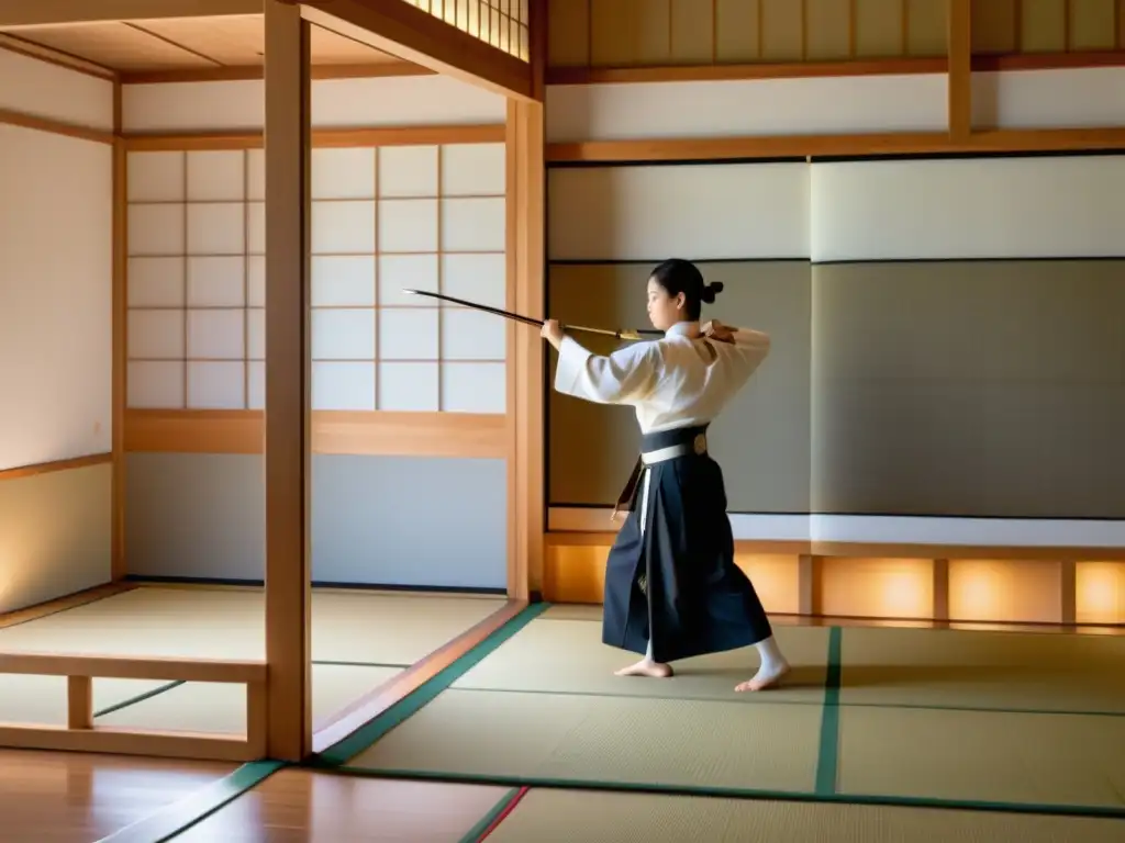 Un maestro de kyudo guía a sus estudiantes en un dojo tradicional japonés, con suaves luces naturales iluminando el espacio