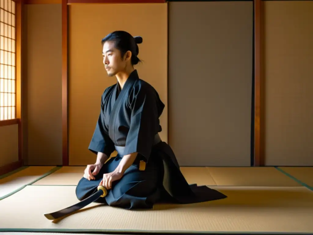 Un maestro experimentado de iaido en atuendo japonés tradicional se arrodilla en un tatami, con un reluciente katana reposando sobre su regazo