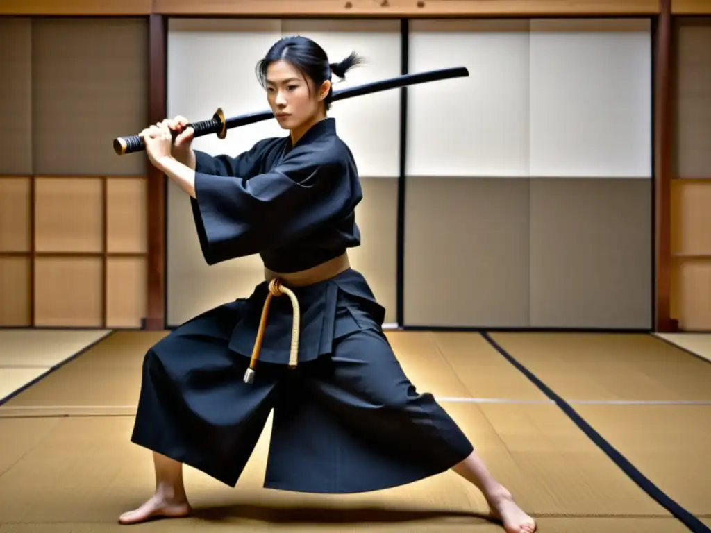 Un maestro experimentado de iaido realiza movimientos precisos con un katana en un dojo sereno