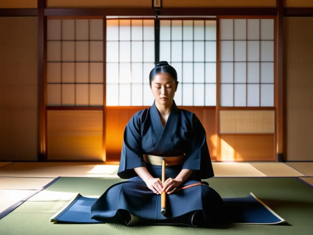 Un maestro experimentado de kendo medita en seiza, transmitiendo calma y concentración