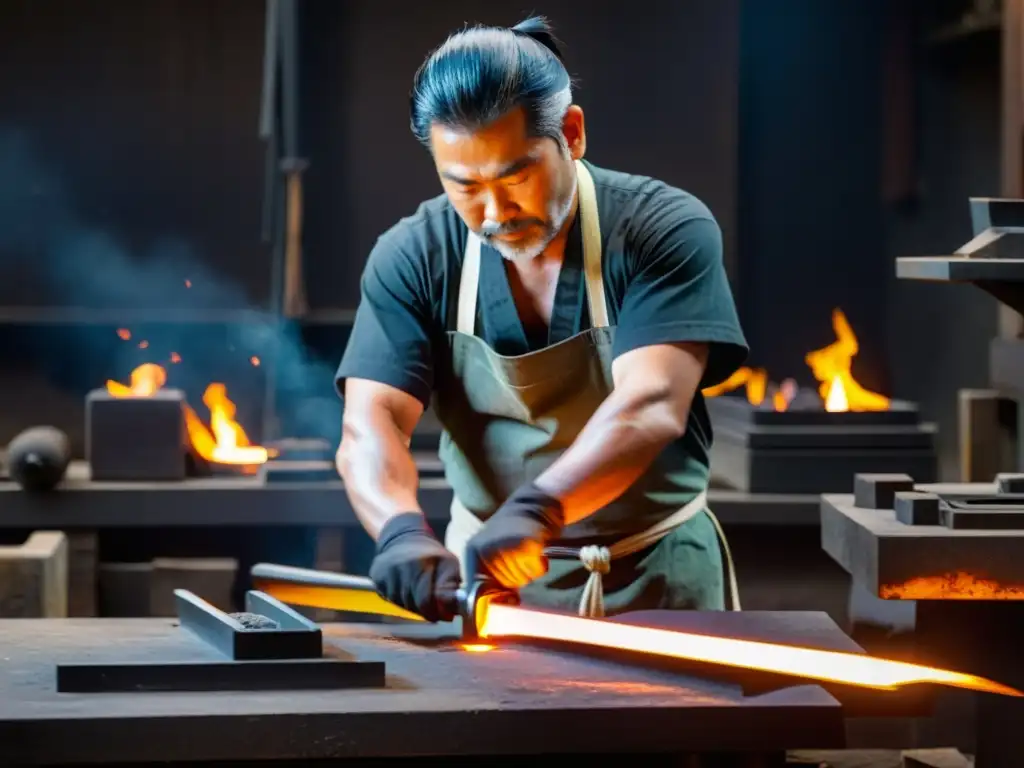 Un maestro forjador crea una auténtica katana con materiales exclusivos en su taller iluminado por la intensa luz del horno de la forja