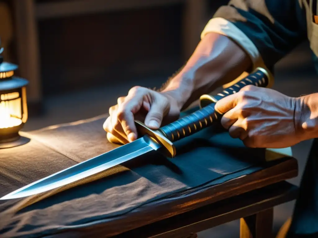 Un maestro forjador restaura con cuidado una antigua katana, guiando expertamente la piedra de afilar a lo largo del filo