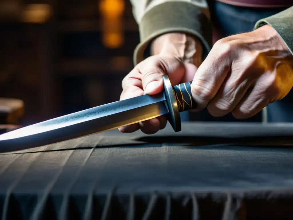 Un maestro forjador examina con cuidado una antigua katana, resaltando la artesanía y la conservación de katanas históricas técnicas restauración