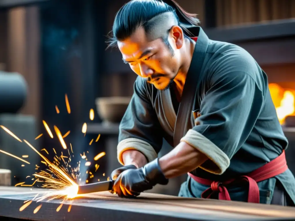 Un maestro forjador preserva ancestralmente el filo samurái con destreza y pasión, creando una katana con chispas y calor intenso