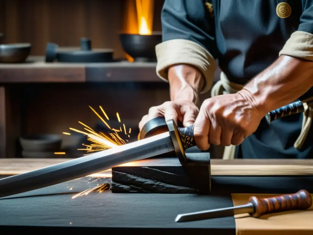 Un maestro forjador martilla con precisión el filo de una espada samurái, con chispas volando en su taller iluminado por la luz cálida del horno