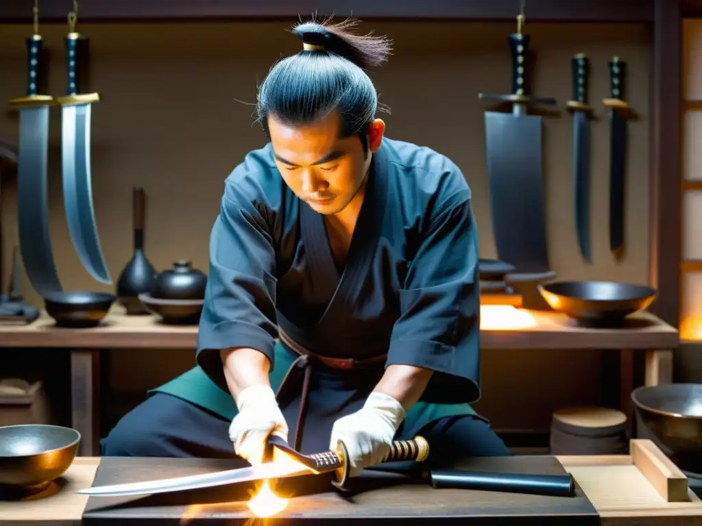 Un maestro forjador del Wakizashi crea una espada en su taller