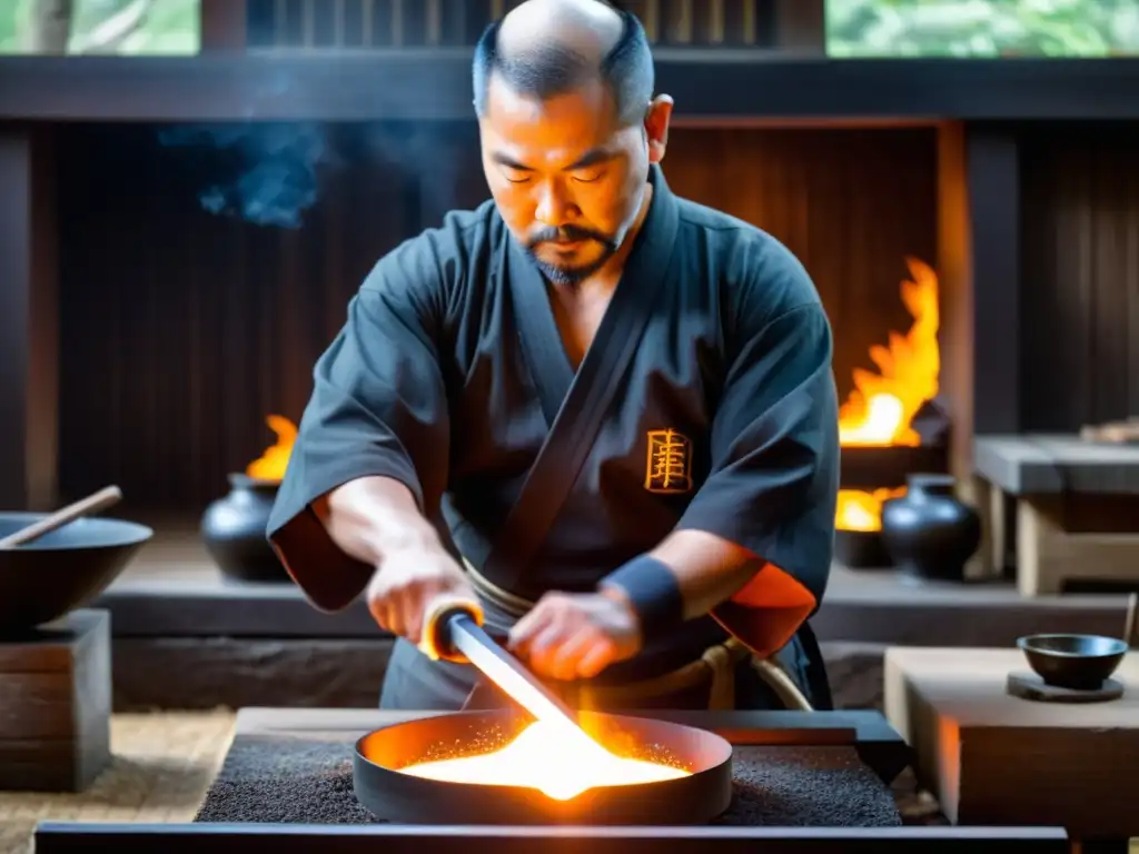 Un maestro forjador de espadas en atuendo tradicional japonés moldea con cuidado un metal incandescente en la penumbra de una fragua