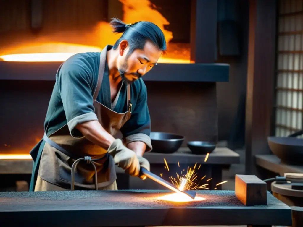 Un maestro forjador de espadas moldea con destreza un nodachi en su taller japonés, rodeado de herramientas tradicionales y el resplandor de la fragua