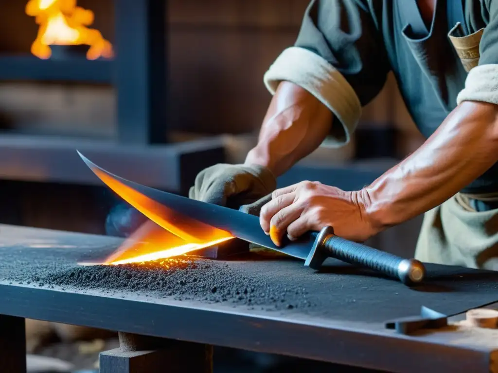 Un maestro forjador de espadas japonesas tradicionales crea con destreza un Wakizashi, mostrando los secretos de las escuelas de forja del Wakizashi