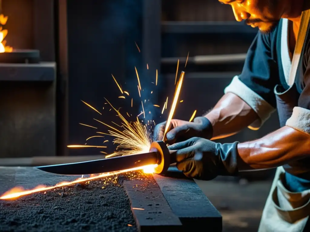 Un maestro forjador de espadas meticulosamente crea una nodachi en su taller tradicional japonés