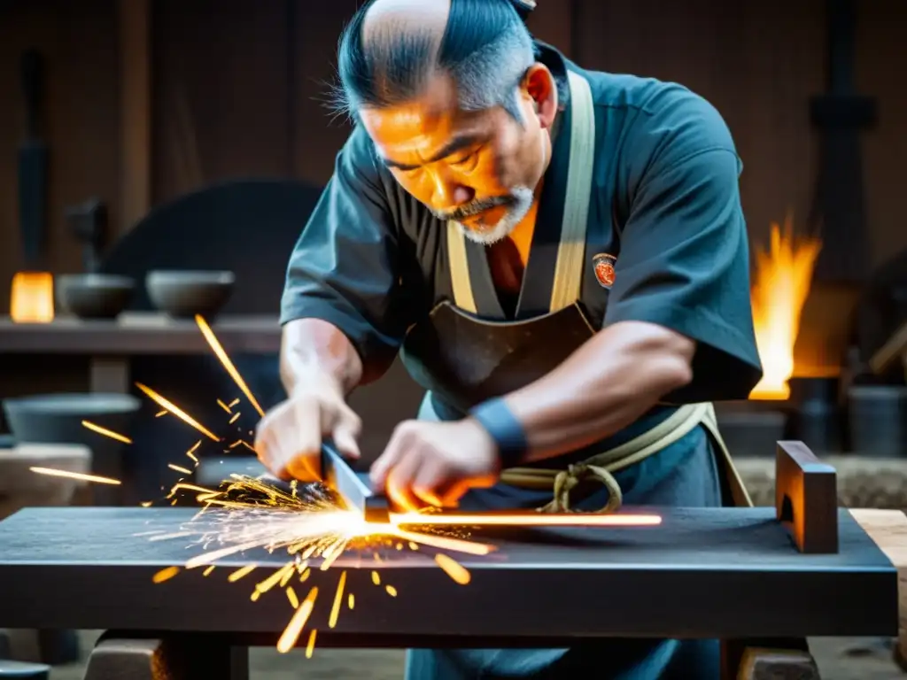 Un maestro forjador de espadas samurái, en un taller tradicional japonés, martilla con destreza un acero incandescente en un yunque