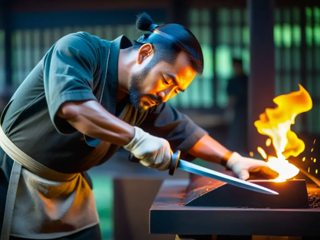 Un maestro forjador de espadas utiliza técnicas antiguas para forjar con precisión un Wakizashi, en un ambiente cálido y brillante