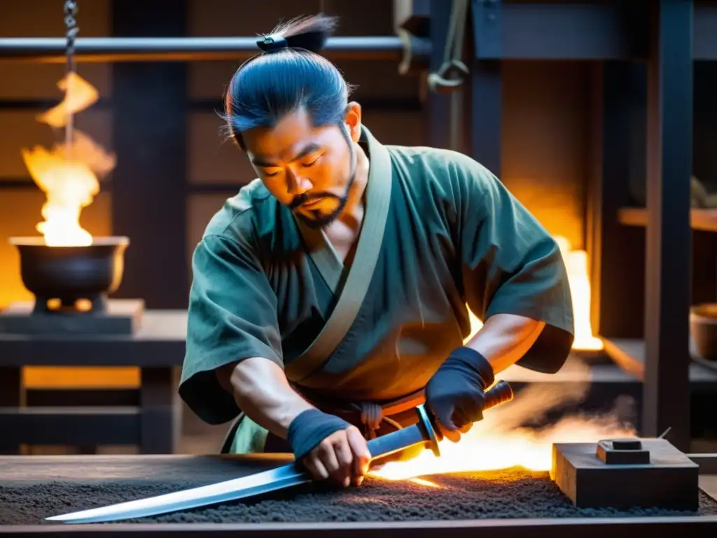 Un maestro forjador de espadas en traje japonés tradicional trabaja en el proceso completo de creación de una katana tradicional en su taller