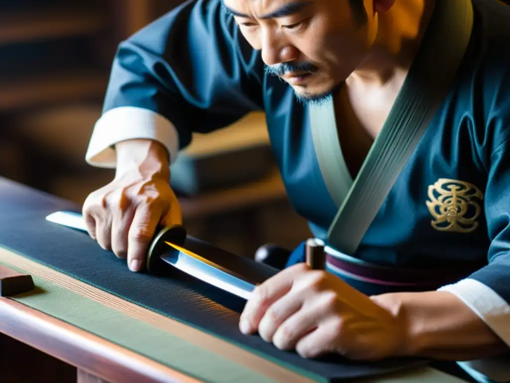 Un maestro forjador cuidadosamente puliendo una hoja de katana tradicional, las tonalidades vibrantes del metal brillan en la suave luz del taller