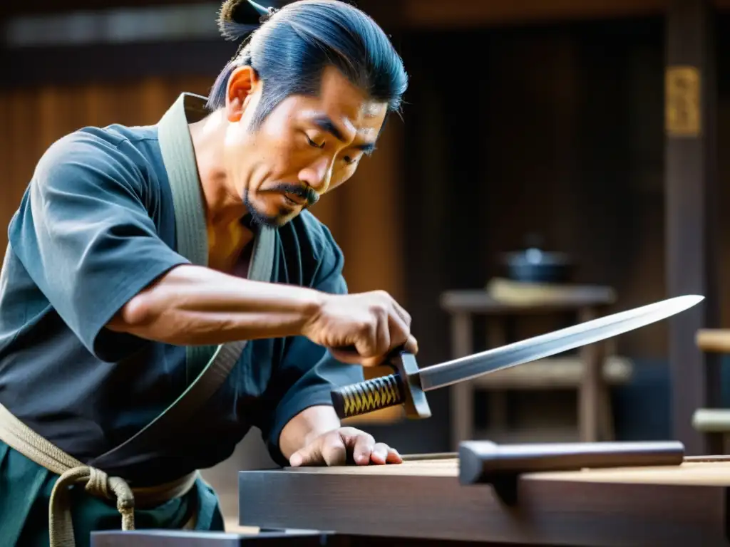 Un maestro forjador japonés con concentración, moldea capas de acero para crear la hoja de una katana