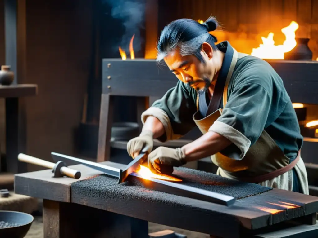 Un maestro forjador japonés crea con cuidado una espada katana en su taller tradicional, rodeado de vapor y el resplandor del metal fundido