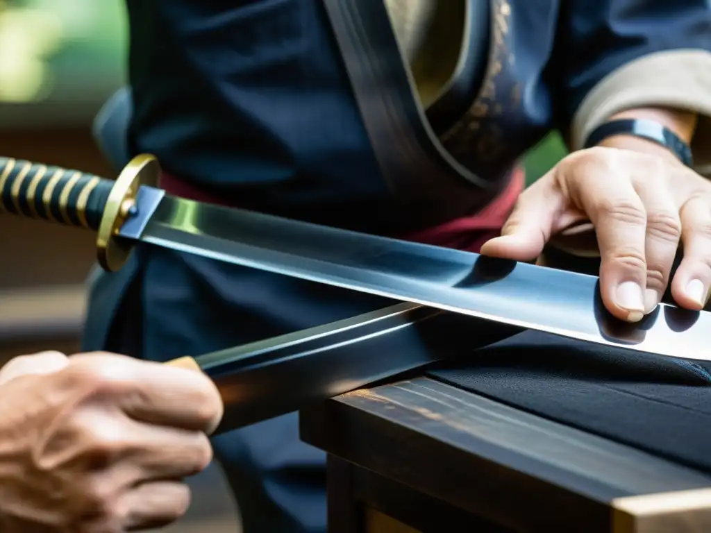 Un maestro forjador japonés puliendo con dedicación una katana, resaltando la importancia del pulido en katana