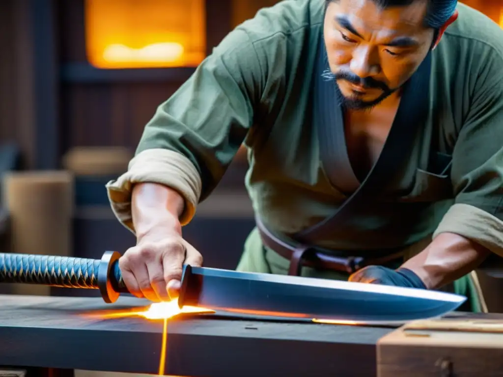 Un maestro forjador japonés meticulosamente crea una espada samurái auténtica en su taller iluminado por el intenso calor del horno