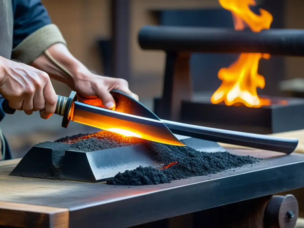 Un maestro forjador japonés experto crea una katana con destreza, iluminado por las llamas del horno