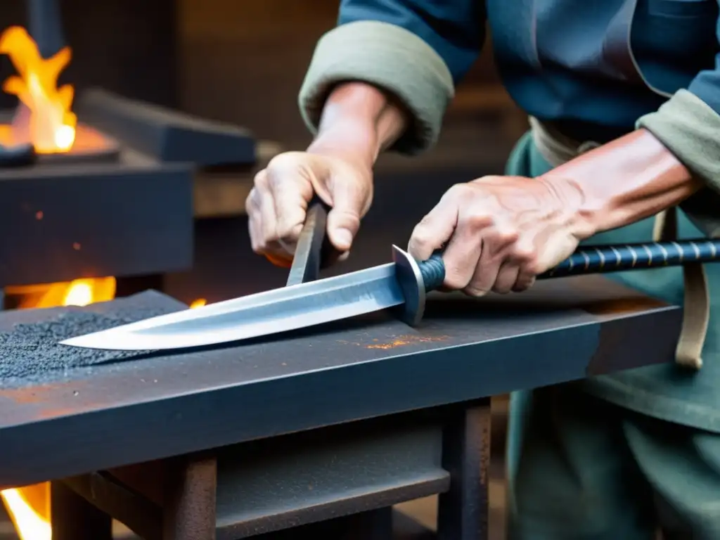 Un maestro forjador japonés experto en la elaboración de espadas wakizashi y katana, con chispas volando mientras trabaja el metal ardiente