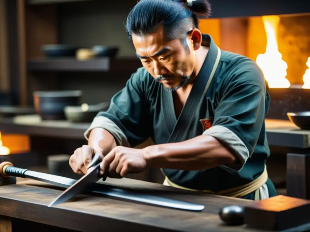 Un maestro forjador japonés experto, detalladamente creando una katana tradicional