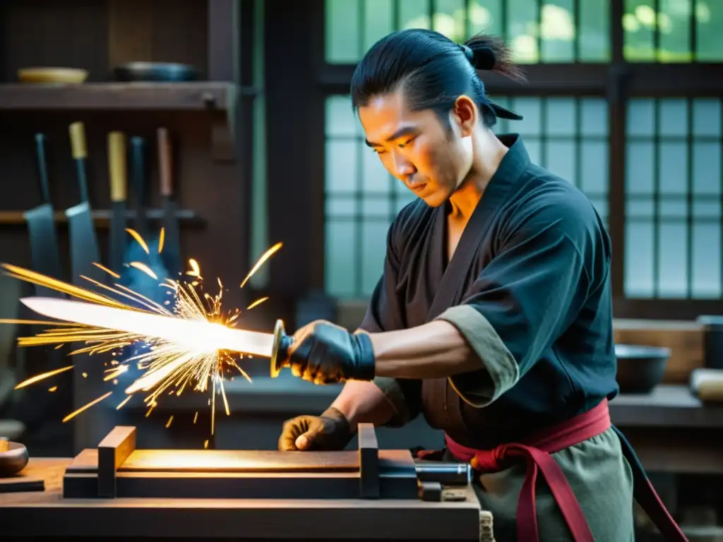 Un maestro forjador japonés crea una katana, con chispas volando mientras forja y dobla el metal, capturando la artesanía de la espada samurái