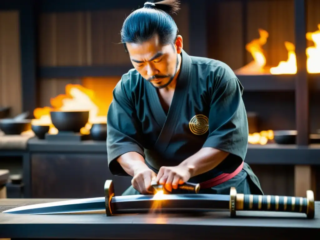 Un maestro forjador japonés crea una katana con destreza en un ambiente de reverencia y tradición, evocando la inversión en espadas samurái futuras