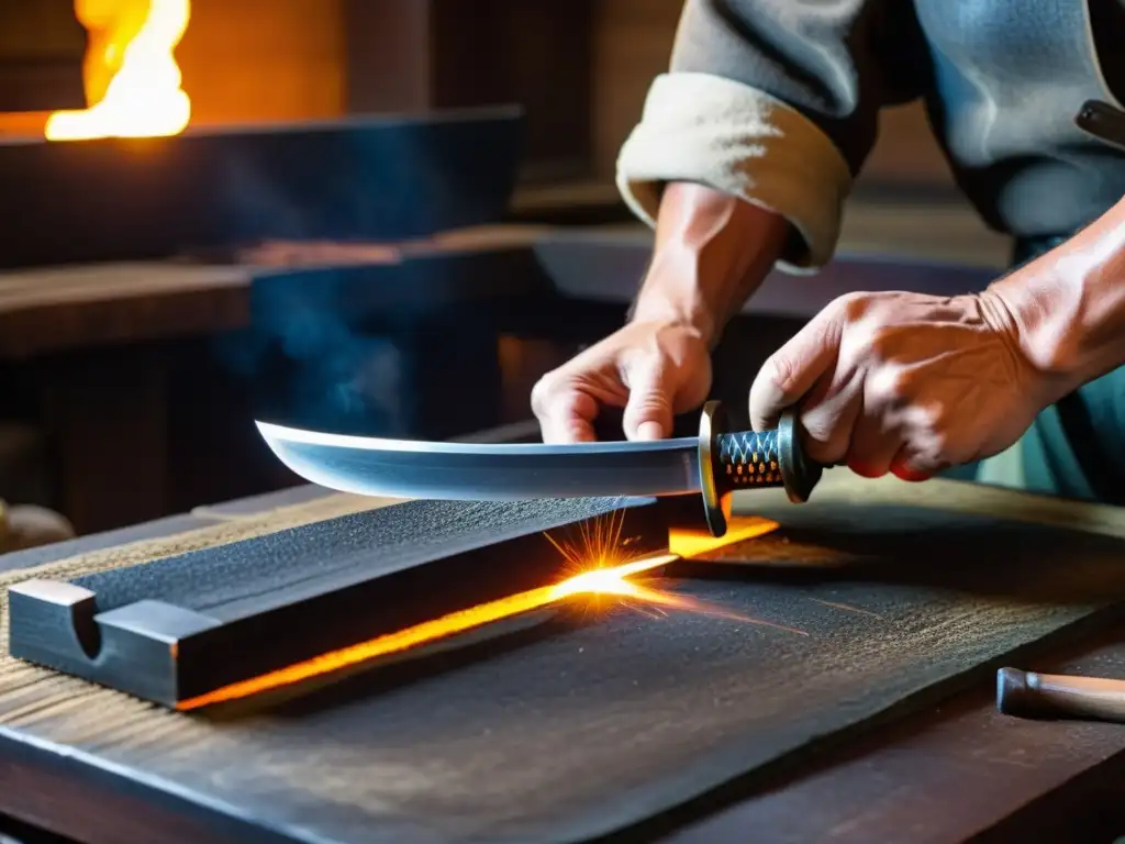 Un maestro forjador japonés crea una katana con pasión y destreza, iluminado por el intenso calor de la fragua