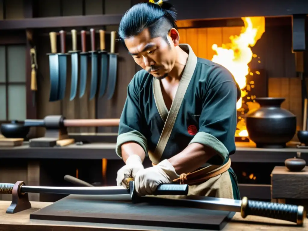 Un maestro forjador japonés desmontando mitos sobre la katana con dedicación y precisión en su taller, rodeado de herramientas y una fragua ardiente