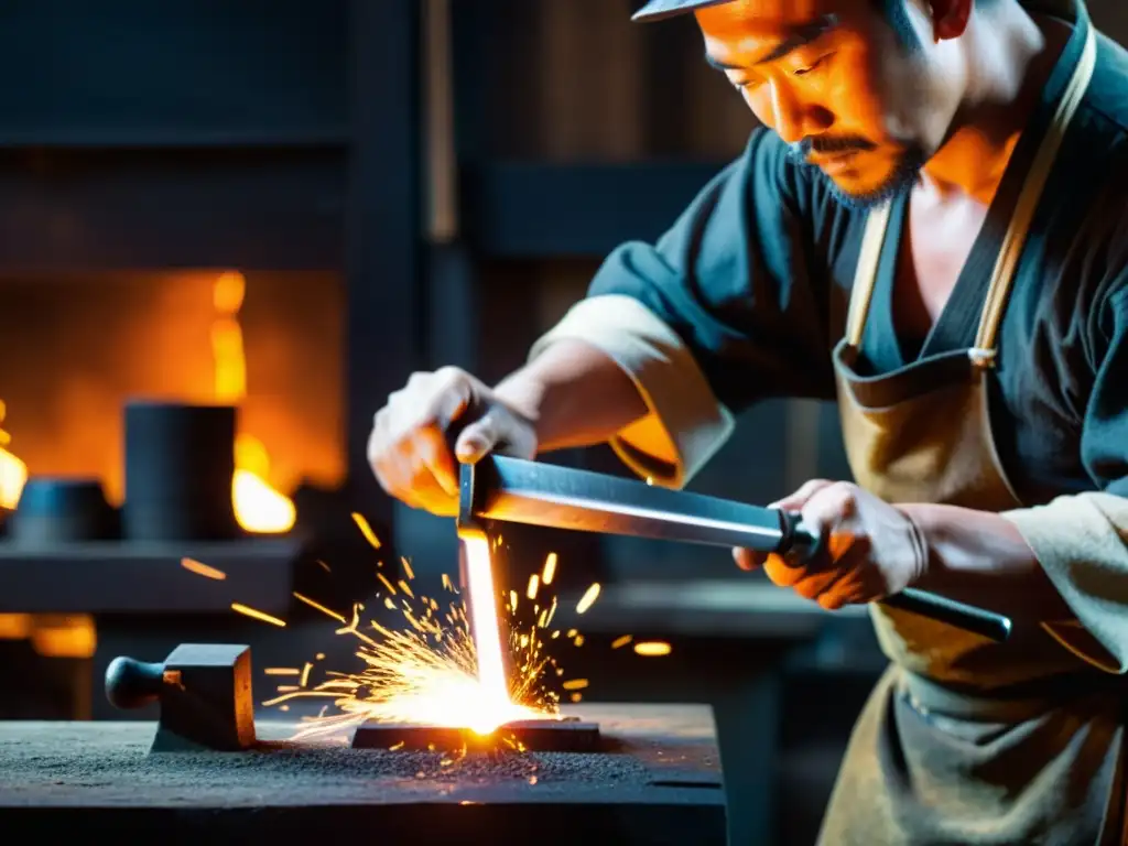 Un maestro forjador japonés crea con precisión una wakizashi y una katana en su taller, iluminado por el resplandor cálido de la fragua