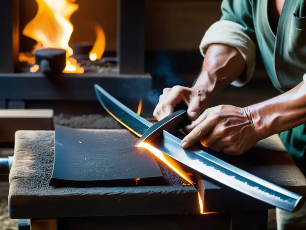 Un maestro forjador japonés sudoroso y hábilmente manipulando el metal candente para forjar una katana, iluminado por la intensa luz del horno