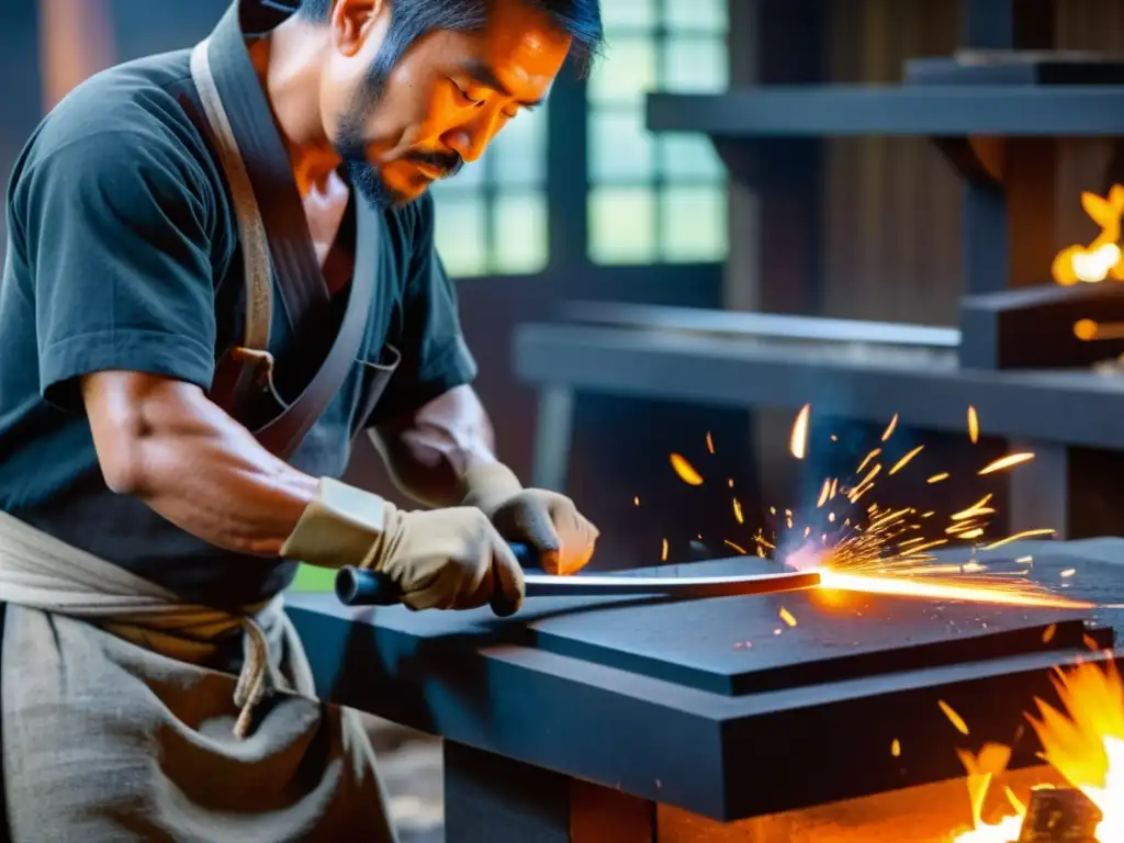 Un maestro forjador japonés utiliza técnicas antiguas para forjar un Wakizashi, creando una escena dramática y cautivadora