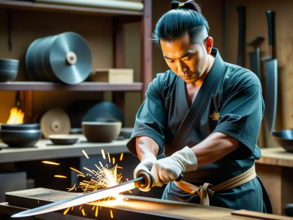 Un maestro forjador crea una katana tradicional con chispas volando, destacando la estética única de la katana