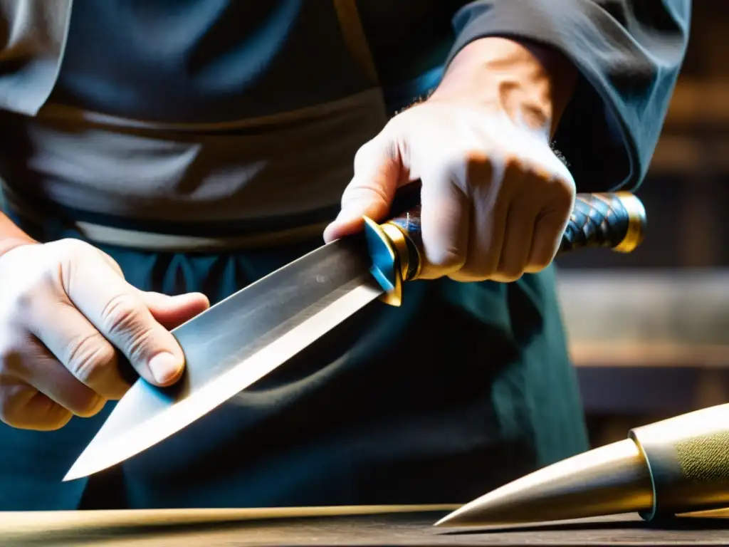 Un maestro forjador de katanas antiguas cuidadosamente restaurando la hoja de una katana, con el metal brillando bajo la suave luz del taller