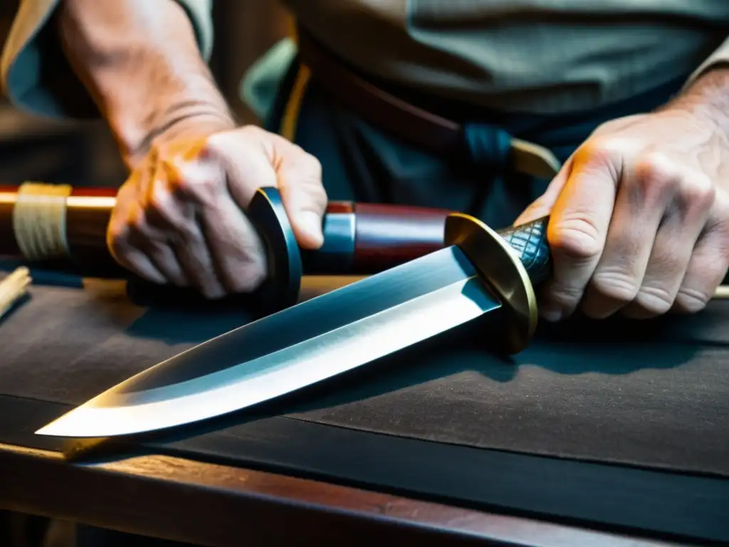 Un maestro forjador de katanas centenarias puliendo con esmero una katana, con la hoja brillando en la suave luz del taller