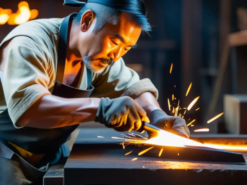 Un maestro forjador de katanas samurái concentra su habilidad en el caliente acero, rodeado de herramientas en su taller