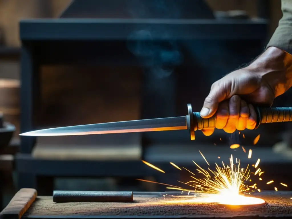 Un maestro forjador de katanas samurái moldea meticulosamente una hoja en su taller tradicional, rodeado de herramientas y arte japonés