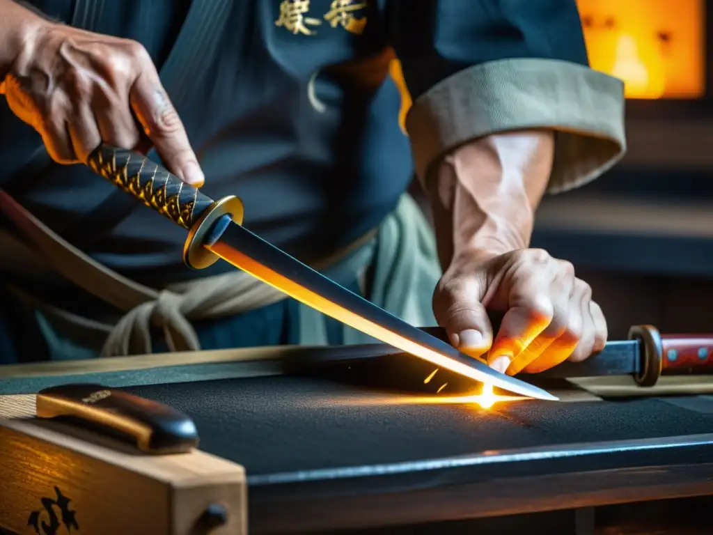 Un maestro forjador de katanas japonesas afila cuidadosamente la legendaria espada, mostrando técnicas de mantenimiento samurai en su taller