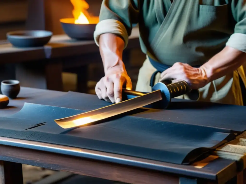 Un maestro forjador de katanas japonesas cuidadosamente martilla y dobla capas de acero para crear la hoja