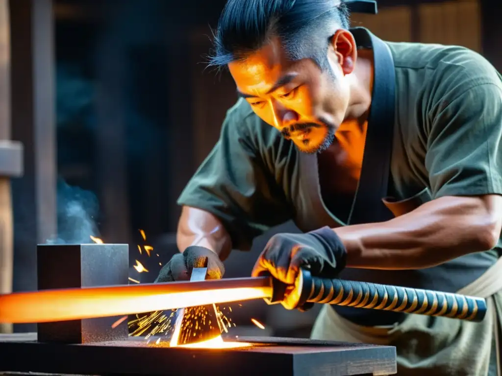 Un maestro forjador de katanas concentra su mirada en el resplandor del acero caliente, en medio de rituales y misterios del forjado de la katana