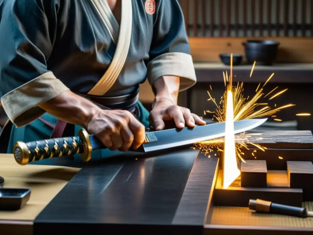 Un maestro forjador de katanas samuráis afila con precisión, destacando la artesanía en el mantenimiento de la katana