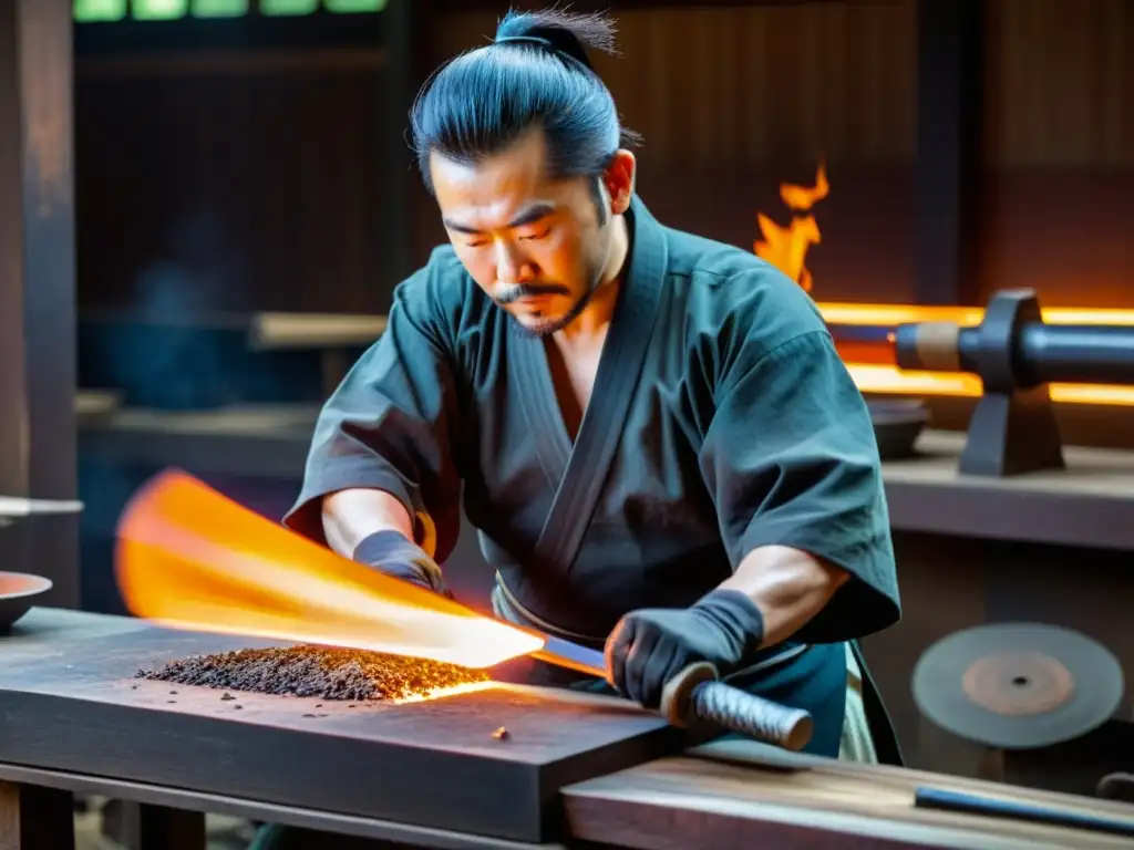 Un maestro forjador de katanas, vistiendo ropas tradicionales japonesas, crea con destreza la hoja de una katana