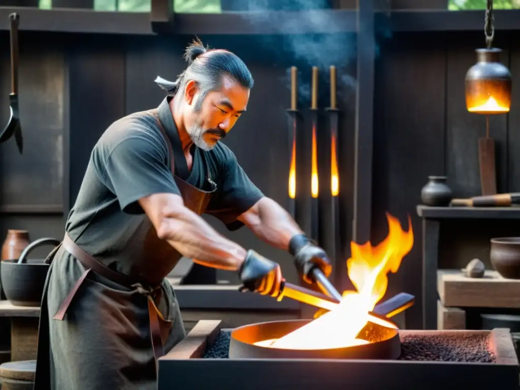 Un maestro forjador de katanas en su taller, creando con arte milenario forjado katanas, rodeado de herramientas ancestrales y sabiduría japonesa