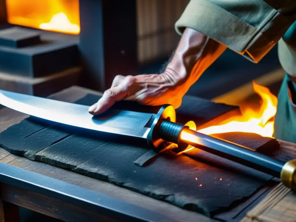 Un maestro forjador meticulosamente dobla y martilla capas de acero incandescente para crear una tradicional katana japonesa