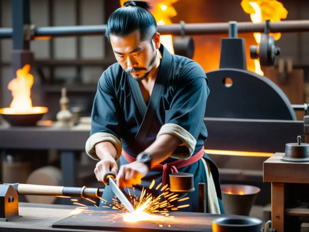 Un maestro forjador crea una réplica de espada samurái en su taller tradicional, rodeado de herramientas y materiales