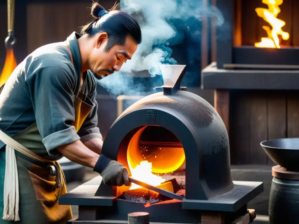 Un maestro herrero forja una armadura samurái en una antigua forja japonesa, entre humo y calor intenso