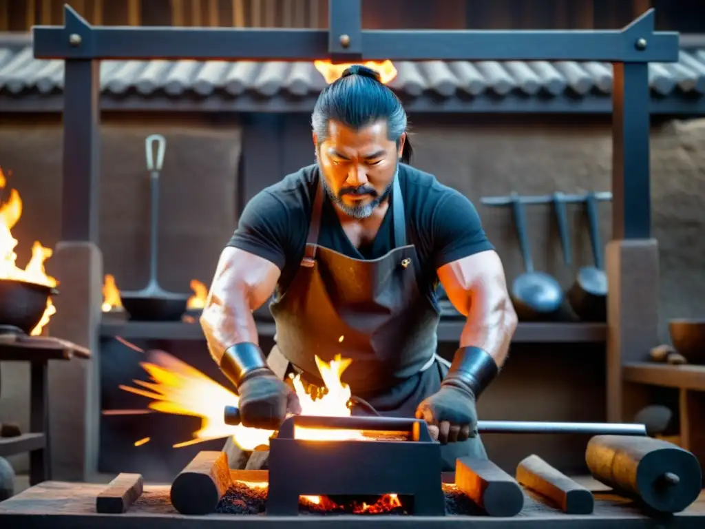 Un maestro herrero forja armaduras samuráis con misticismo ancestral ante un horno incandescente